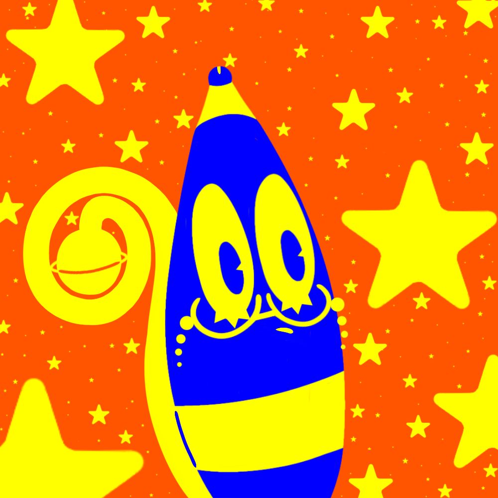 Ballpointpen from Inanimate Insanity with a solid colour palette of blue and yellow with an orange background and yellow stars