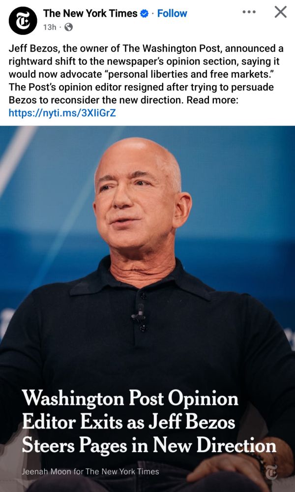 Bezos announces the WaPo will shift their opinion section of their newspaper towards right-wing opinions. The opinion editor resigned in protest of this shift.