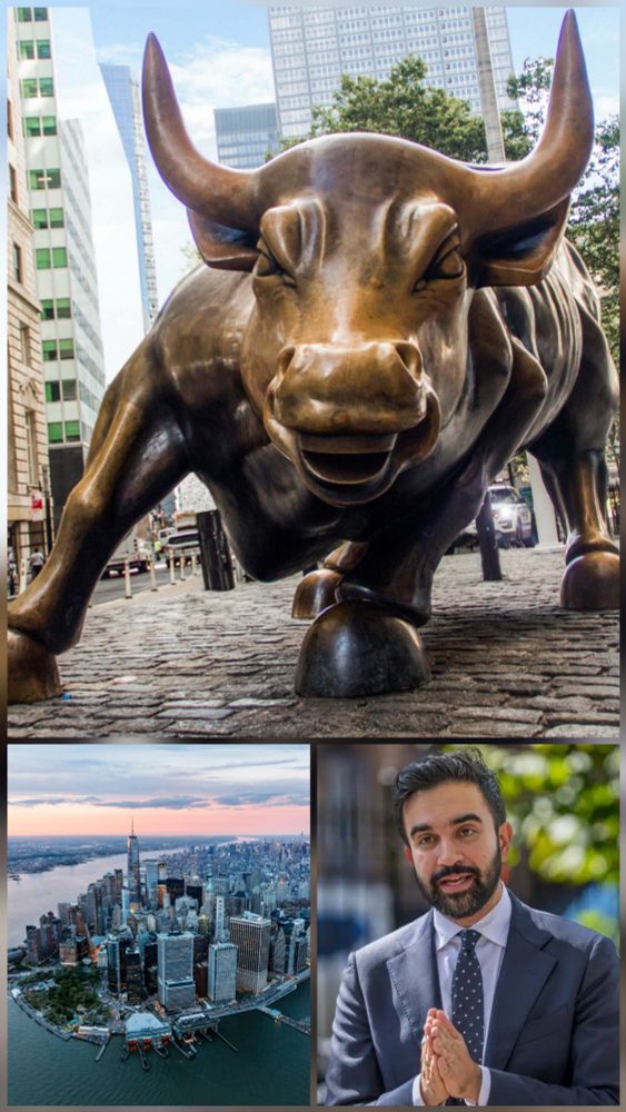 A collage of Mamdani, Manhattan aerial view, and the Bull from Wall St