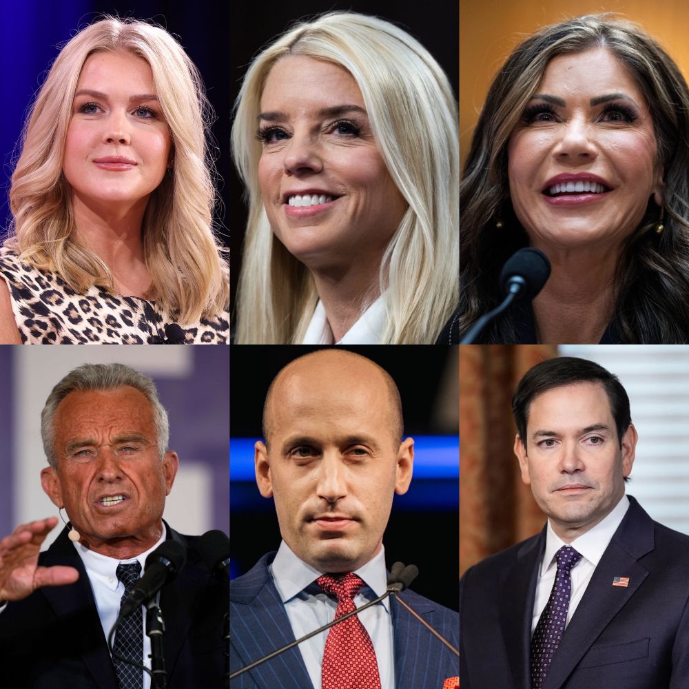 A collage of Karoline Leavitt, Pam Bondi, Kristi Noem, RFK jr, Stephen Miller, & Marco Rubio