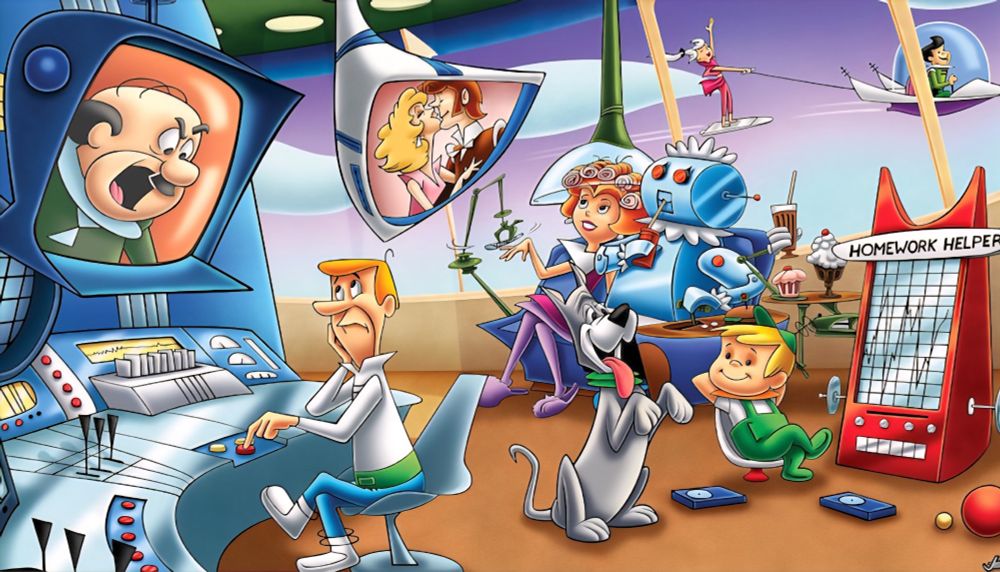 A photo of various scenes with The Jetsons with their gadgets. TVs, robots, homework helpers, office computers, flying cars.