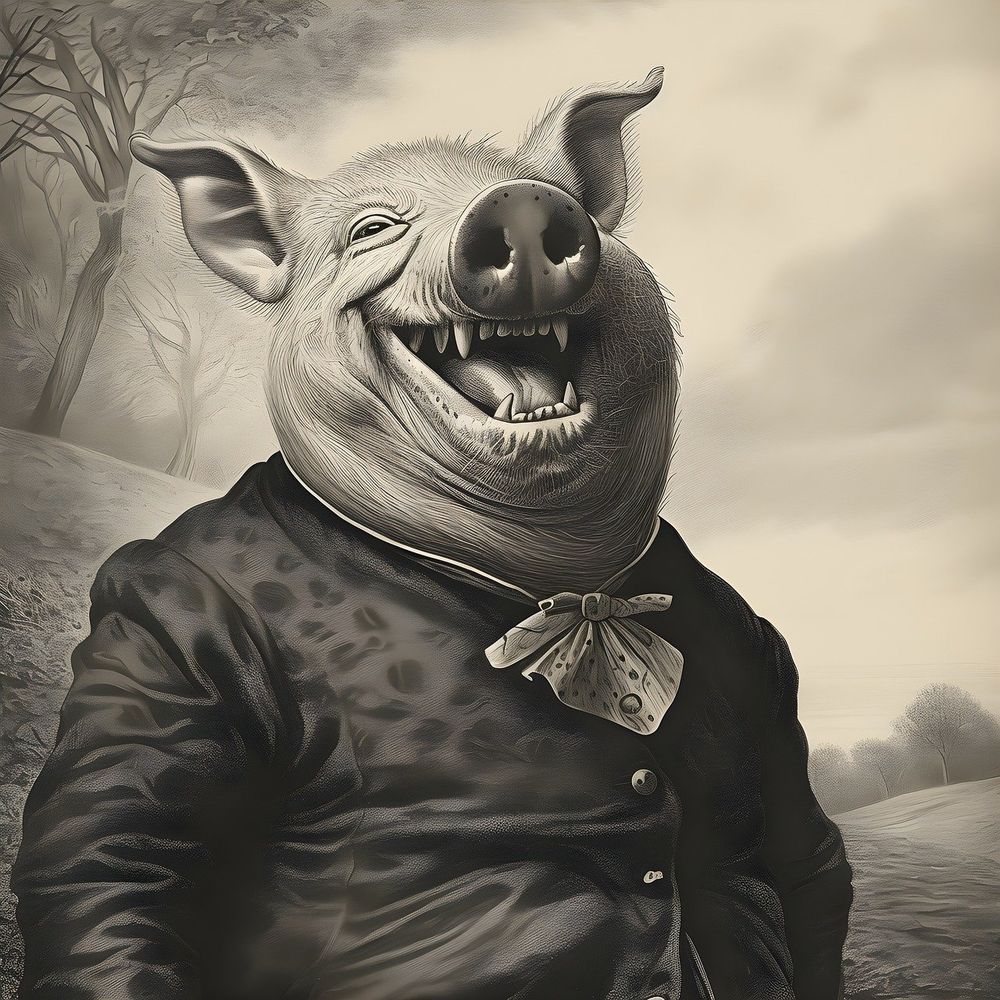 A photo of a hog, smiling in a suit.