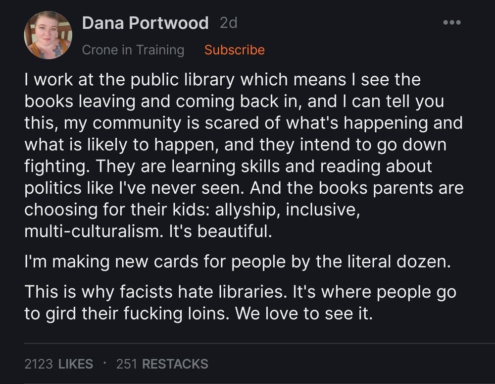 A woman describes how the books people are checking out at her library are political and relevant for the times.