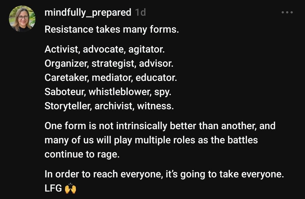 Resistance takes many forms. Activist, advocate, agitator, organizer, strategist, advisor, caretaker, mediator, educator, saboteur, whistle lower, spy, storyteller, archivist, witness. In order to reach everyone, it's going to take everyone.