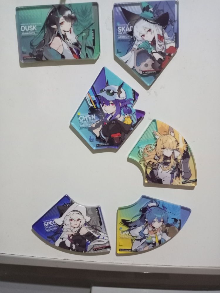 Fridge magnets featuring all the limited operators between Dusk and Specter alter, shaped to the number 3