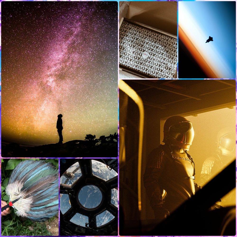 Collage of pictures for a WIP:
1. Silhouette person looking up at a starry night with pink, yellow and green gradients.
2. A care package with wrapping paper printed with Xes and Os.
3. A space shuttle making reentry where the sky is gradients of yellow, white and blue.
4. An ostrich feather fan.
5. The view out of an air lock showing a satellite and white wispy clouds framing a blue expense.
6. Astronaut that is a pensive form against a yellow sky and glass that reflects them. They're in a room with a lot of metal supports.