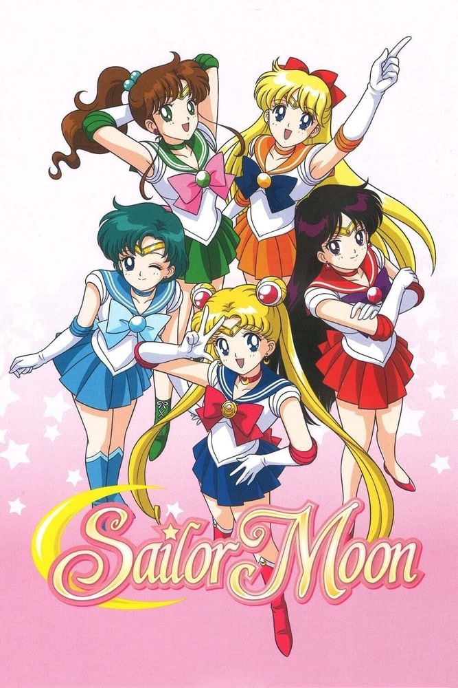 1992 Sailor Moon with the five Inner Senshi all in their magical girl outfits behind the show title card Sailot Moon.

The senshi, listed clockwise from top left, are Jupiter, Venus, Mars, Sailor Moon and Mercury.