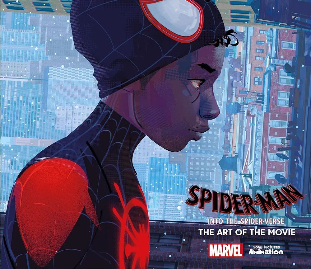 Cover of Spider-Man: Into the Spider-Verse
The Art of the movie
Marvel, Sony Pictures Animation

The cover features Miles Morales with his mask up, NYC on its side behind him.