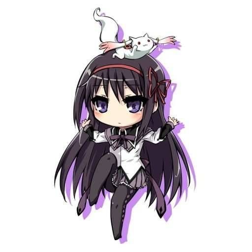Fanart of Akemi Homura with Kyubey on her head, along with her red ribbon. She's in her magical girl outfit, which is a purple, black and white sailor type uniform. Homura is a girl with long black hair and purple eyes.