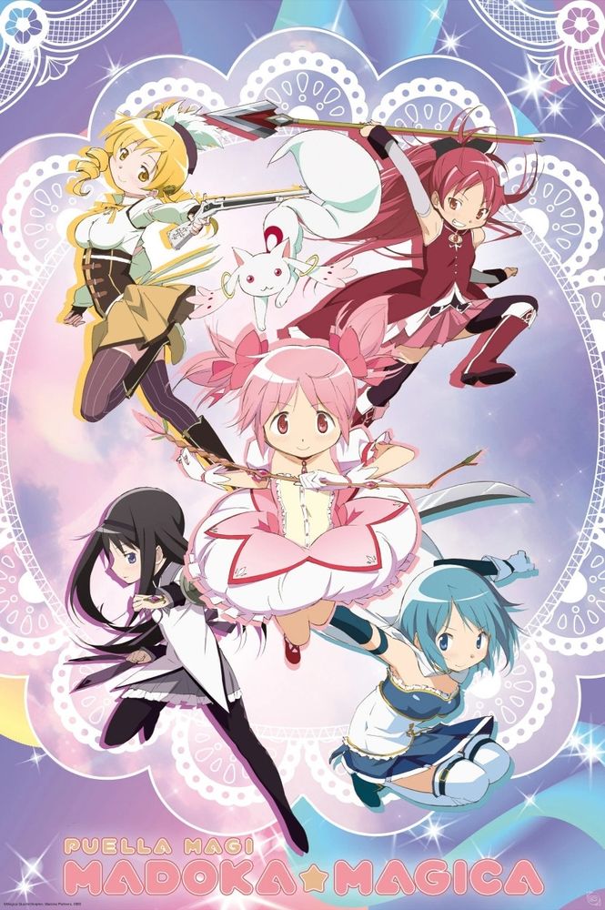 The main characters of Puella Magi Madoka Magica leaping into action.

The characters are, listed clockwise from top left, Mami, Kyubey, Kyouko, Sayaka, Madoka and Homura. The title card of the show is at the bottom. The characters are on a multicoloured background with lace accents.