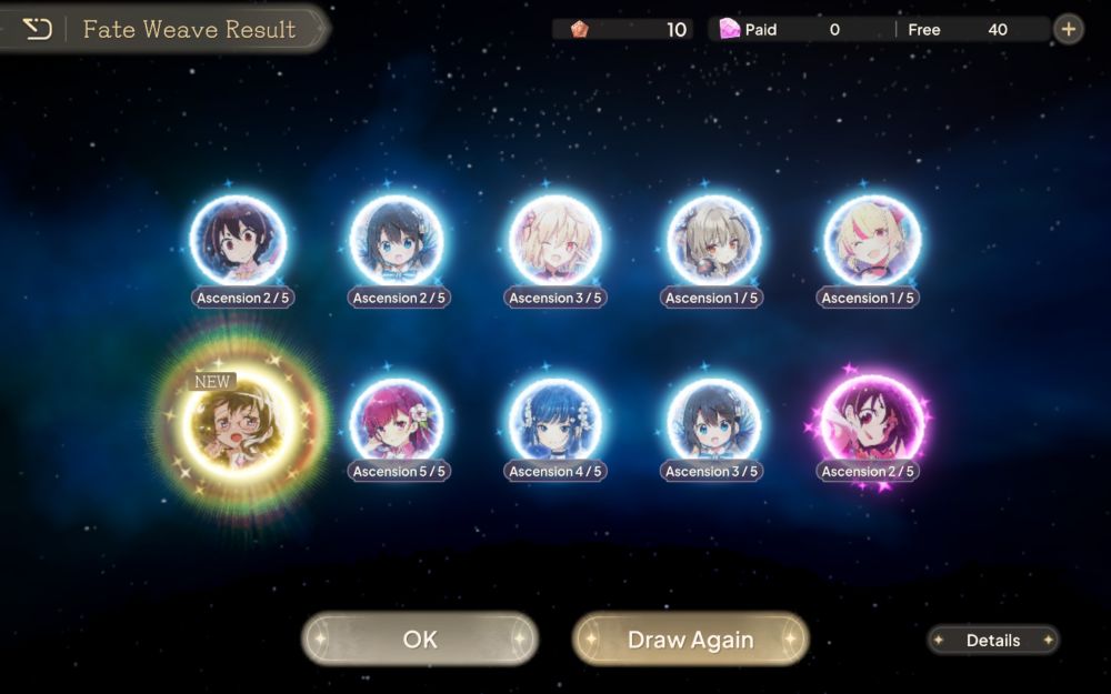 The results of a pull on the Moemura banner that is mostly blue, except for one gold on the bottom left (that started out pink) and one pink on the bottom right (repeat Himika).