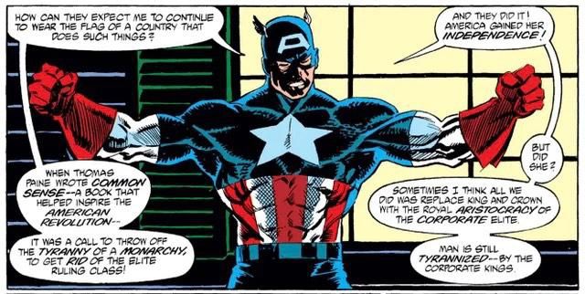 Steve Rogers complains about his Captain America costume as a way to present his disappointment and dissatisfaction with American politics.
He says:
how can they expect me to continue to wear the flag of a country that does such things?  ⁣
⁣
when Thomas Paine wrote 𝐂𝐨𝐦𝐦𝐨𝐧 𝐒𝐞𝐧𝐬𝐞—a book that helped inspire the 𝐀𝐦𝐞𝐫𝐢𝐜𝐚𝐧 𝐑𝐞𝐯𝐨𝐥𝐮𝐭𝐢𝐨𝐧—  ⁣
it was a call to throw off the 𝐭𝐲𝐫𝐚𝐧𝐧𝐲 of a 𝐦𝐨𝐧𝐚𝐫𝐜𝐡𝐲, to get 𝐫𝐢𝐝 of the elite ruling class!  ⁣
⁣
and they did it! America gained her 𝐢𝐧𝐝𝐞𝐩𝐞𝐧𝐝𝐞𝐧𝐜𝐞!  ⁣
⁣
but did she?  ⁣
⁣
sometimes I think all we did was replace king and crown with the royal 𝐚𝐫𝐢𝐬𝐭𝐨𝐜𝐫𝐚𝐜𝐲 of the 𝐜𝐨𝐫𝐩𝐨𝐫𝐚𝐭𝐞 elite.  ⁣
⁣
man is still 𝐭𝐲𝐫𝐚𝐧𝐧𝐢𝐳𝐞𝐝—by the corporate kings.  