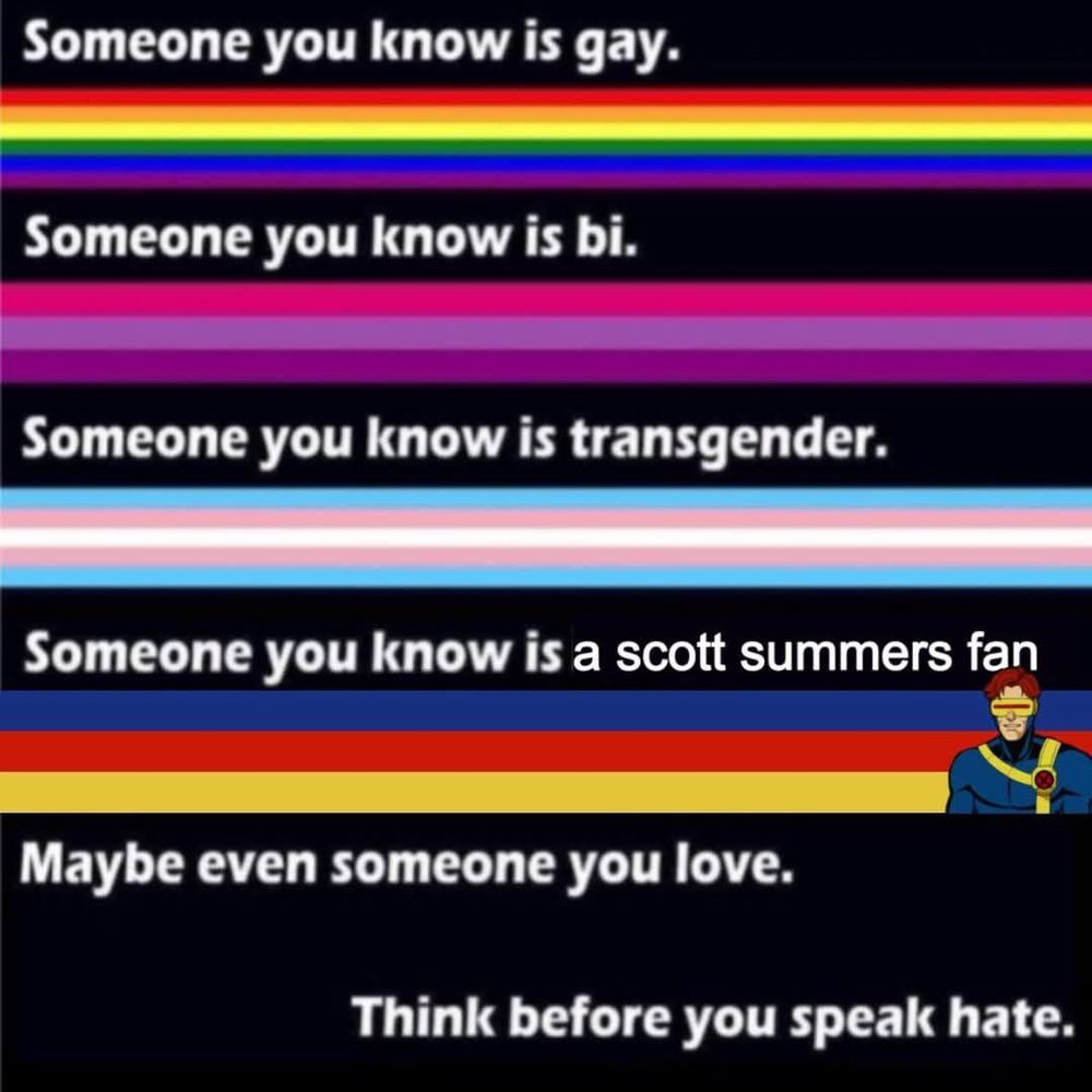 Image with the sayings followed by flags:
"Someone you know is gay.
*six color rainbow flag*
Someone you know is bi.
*bisexuality flag*
Someone you know is transgender.
*transgender flag*
Someone you know is a scott summers fan
*blue strip, red stripe gold stripe flag*
Maybe even someone you love.

Think before you speak hate."