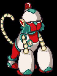 Pixel art of a cyber monkey character with red 'skin', teal fur, white armour and a siren on its head. It is in a static pose, using its large arms to stand up-right like a gorilla.