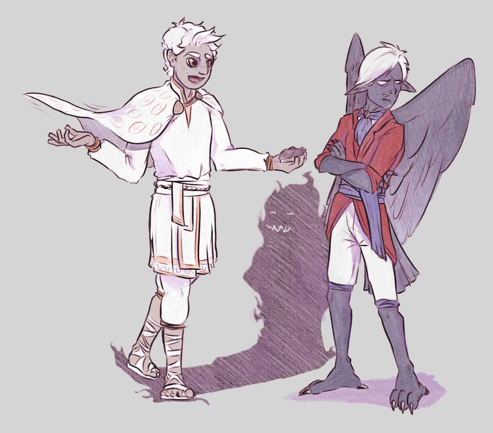 Two characters, Lakiteras and Keel, interacting; showing off their personalities clashing as Shadow mocks Keel while he's not looking.