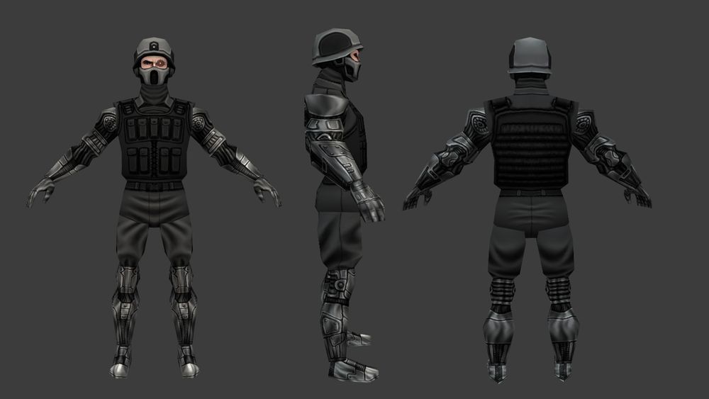 Cybernetically Enhanced Pmc Soldier Front Side And Back View
