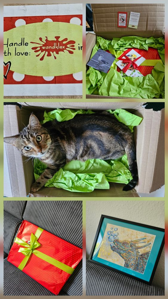 Collage über ein Unboxing eines liebevoll gepackten Päckchens aus dem Hause wandklex.art. Es sind fünf Bilder, in deren Mitte ein Bengal-Mix in einem Karton mit grünem Packpapier liegt und nach oben in die Kamera schaut. Das letzte Bild zeigt den Hauptakteur - Drache Kuno, welcher Seifenblasen bläst. Er ist in verschieden Farben mit Metalliceffekt passend zu seinem türkisfarbenen Passepartout gemalt. 
