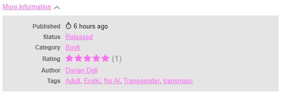 a screenshot of the more info box of an itch.io project page . it shows a five-star rating in pink stars .