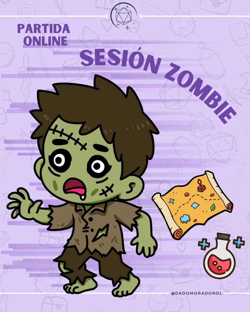Ilustración sobre fondo lila con el texto “Partida online – Sesión zombie”. Aparece un zombi con piel verde, pelo castaño y ropa rota, caminando, con una babilla que le cae de la boca. A su lado hay un mapa enrollado y una poción con líquido rojo. Fondo decorado con dibujos difuminados de objetos de rol como dados, espadas y pociones.