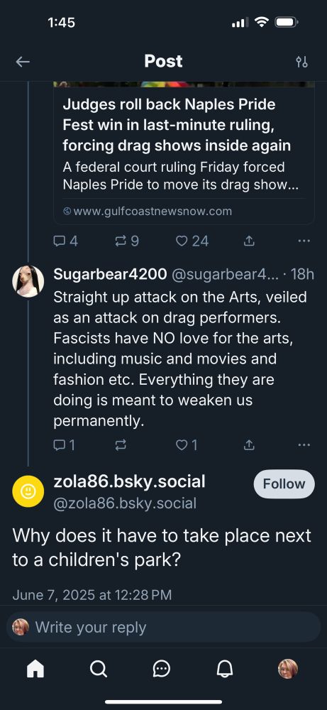 This is a screenshot of the commenters previous post, descrying the fact that a pride event in Naples Florida took place near a park where the children play <gasp>