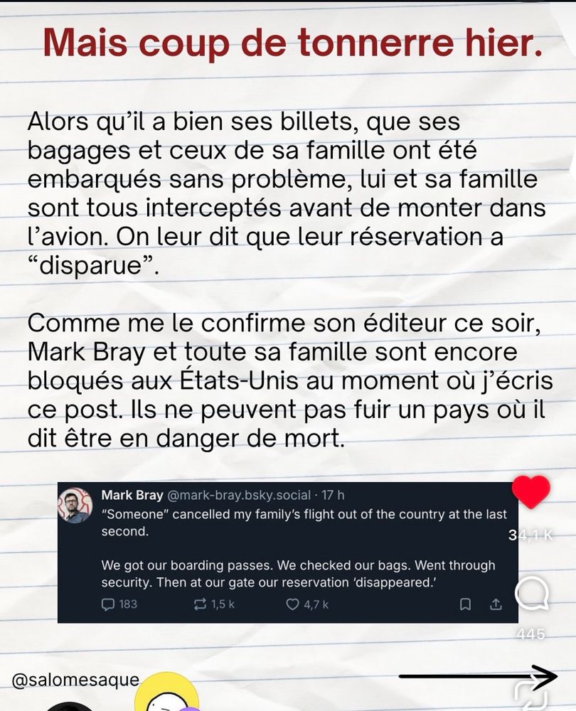 Une des planches du post sur l’historien Mark Bray.

Alors qu'il a bien ses billets, que ses bagages et ceux de sa famille ont été embarqués sans problème, lui et sa famille sont tous interceptés avant de monter dans l'avion. On leur dit que leur réservation a
"disparue".
Comme me le confirme son éditeur ce soir, Mark Bray et toute sa famille sont encore bloqués aux États-Unis au moment où j'écris ce post. Ils ne peuvent pas fuir un pays où il dit être en danger de mort.