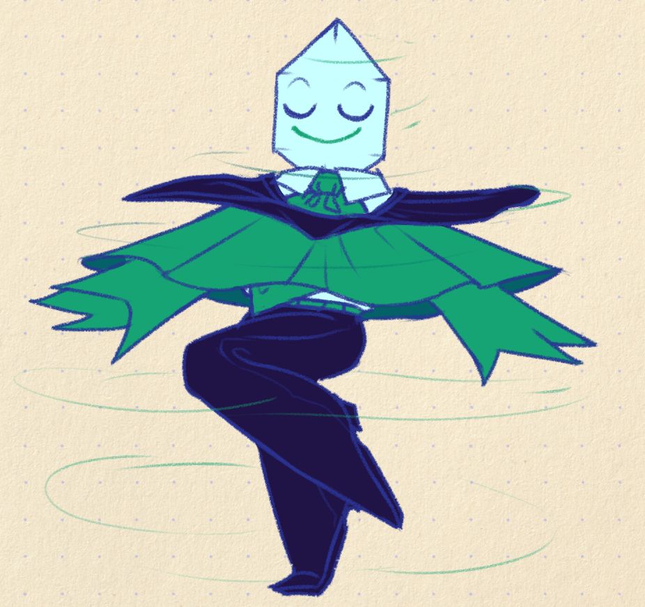 Doodle of the Green Pippins spinning on one foot, capes lifted up by the airflow