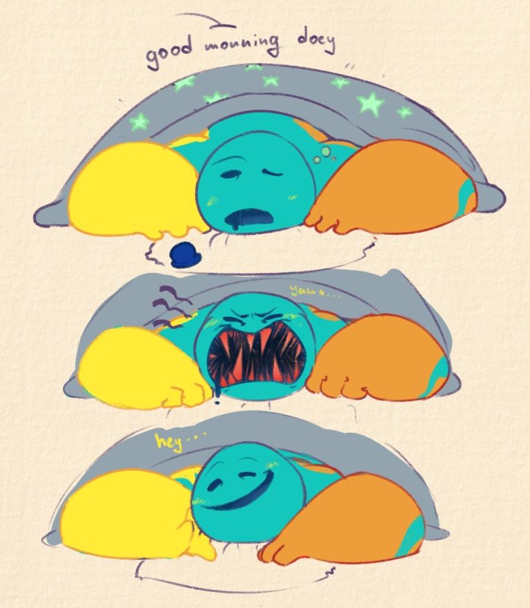 Digital doodle, fanart of Poppy Playtime. Offscreen voice says "good morning doey". Doey is groggily waking up, yawnsm revealing a maw full or red teeth, and then smiles softly, replying with "hey..."