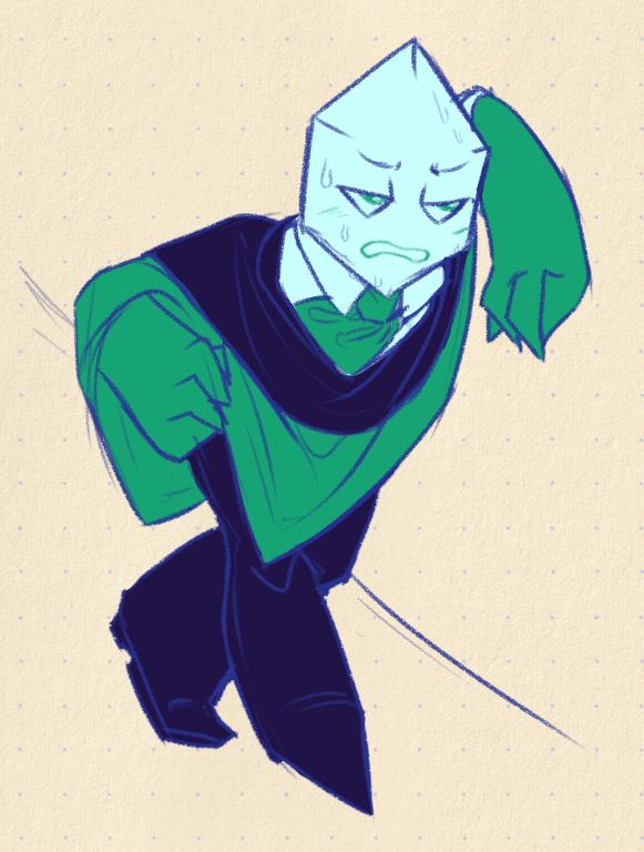 Doodle of Green Pippins leaning on a wall, exhausted
