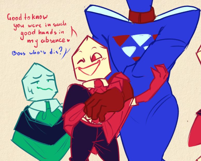 Cont., the Red Pippins is holding onto an arm of a Zapper (implied Jongler), looking back at the awkward looking Green Pippins, saying "Good to know you were in such good hands in my absence (heart)" Zapper says "Boss who's dis?" 