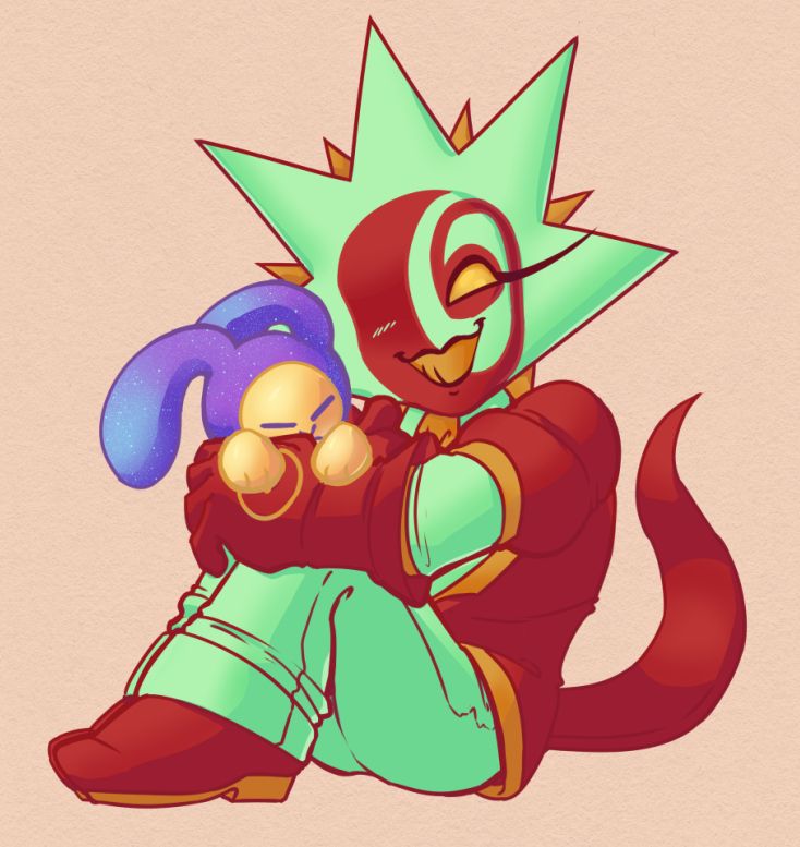 Digital drawing. Aster (Rigel fronting, star-headed artificial construct) is holding a sleeping purple virtual pet resembling a rabbit