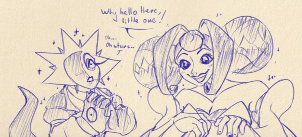 Digital doodle. Aster (Rigel fronting) is visibly starstruck with hands clasped, before Princess Guinevere (Knights of Guinevere) looking down sitting down. She says "Why hello there, little one!", while Rigel only lets out "Oh... Oh stars..."