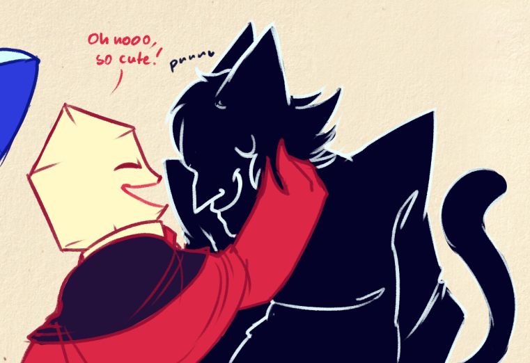 Cont, Red pippins is ruffling cheek of a purring cat Shadowguy (here implied Pluey), saying "Oh nooo, so cute!"