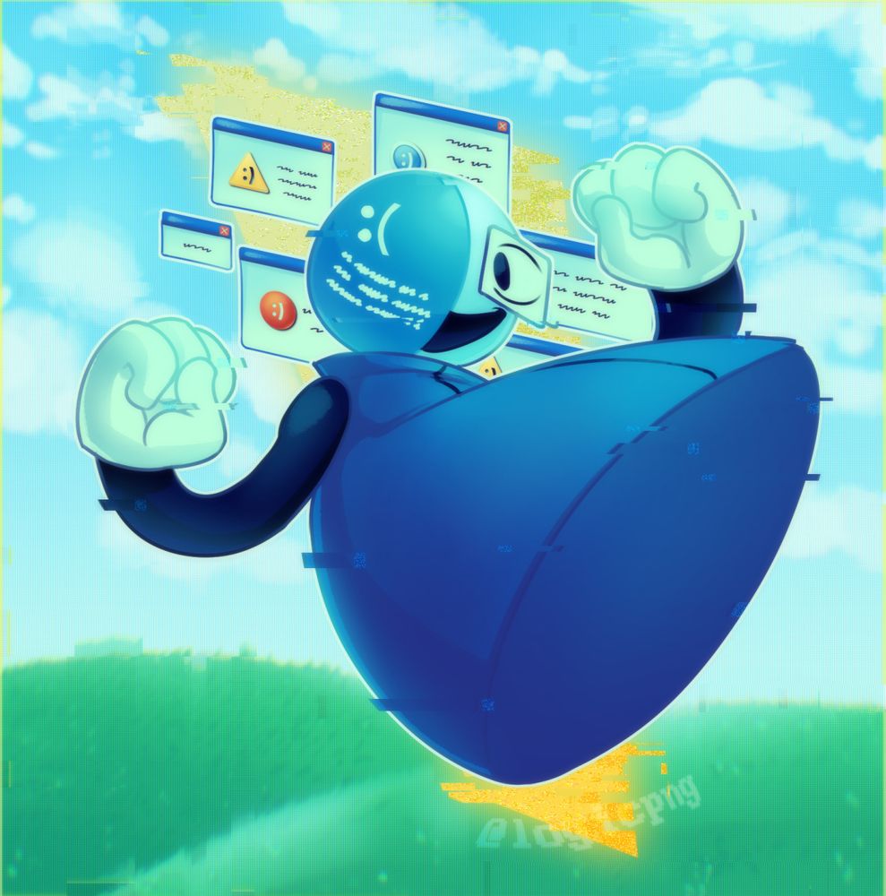 Digital drawing of a digital entity with a circular head (half windows 8 styled blue screen) and a large blue cape. The background is grassy plains under a cloudy sky, in an homage to Windows XP's Bliss wallpaper