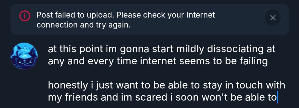 draft of the post above, with the same text, except there is an error above that reads "Post failed to upload. Please check your internet connection and try again."