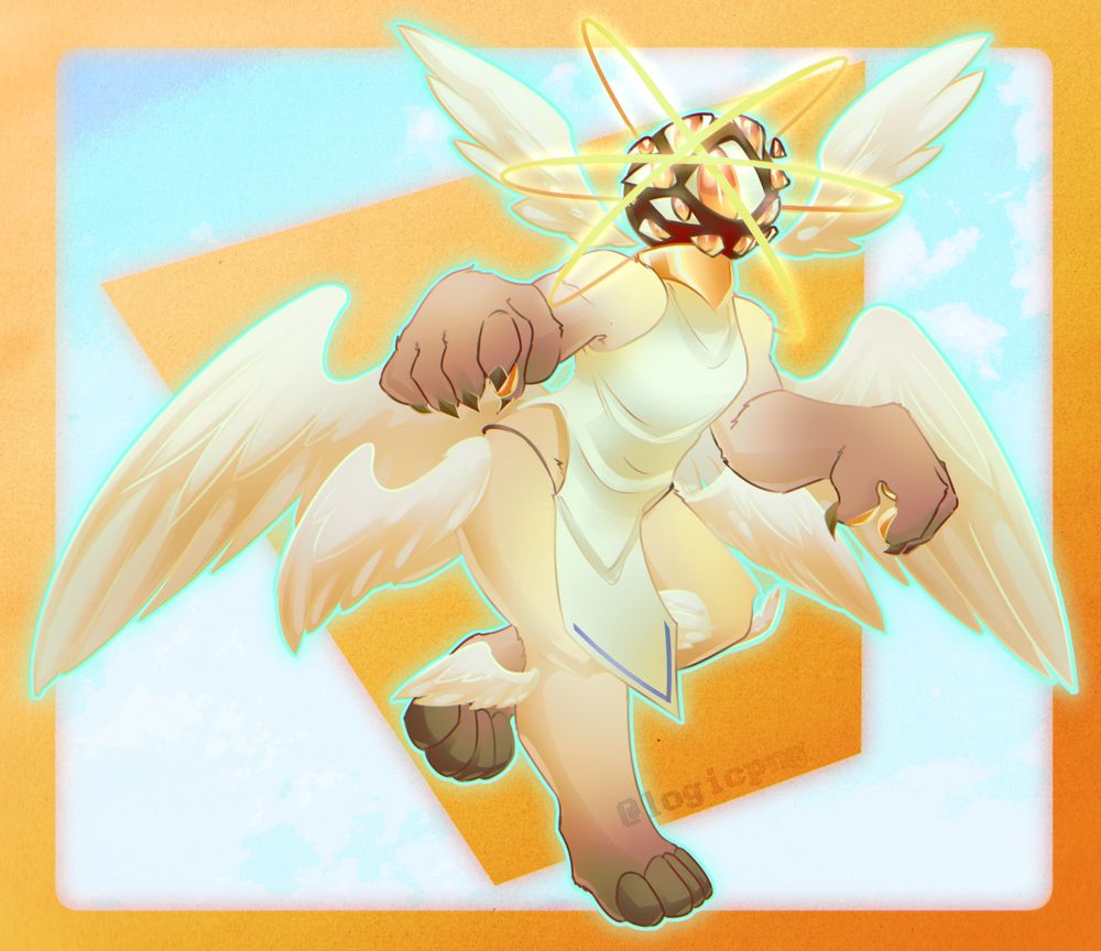 Digital drawing of a feline anthropomorphic cherub, with a circular head covered in eyes, and wings at head, hips, elbows, and knees