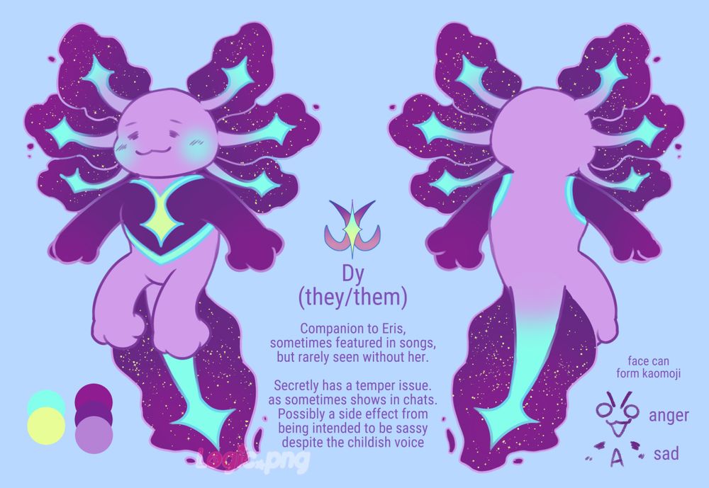 Reference image for Dy (they/them). Text reads: Companion to Eris, sometimes featured in songs, but rarely seen without her. Secretly has a temper issue, as sometimes shows in chats. Possibly a side effect from being intended to be sassy despite the childish voice.