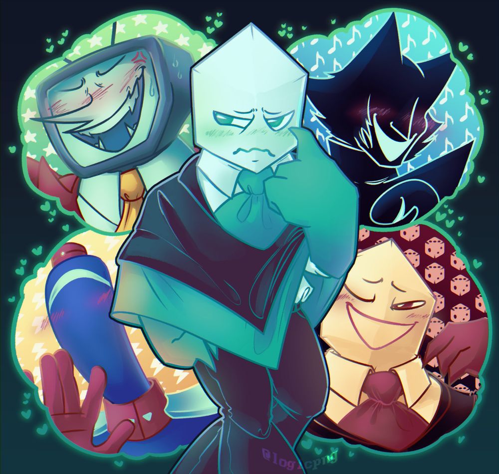 Digital drawing, fanart of Deltarune. Green Pippins (Battat) is contemplating something, embarrassed. Behind him in thinking bubbles, decorated with hearts, are faces of (clockwise from top left) annoyed Tenna, Cat ears Shadowguy (Pluey), a smug red Pippins, and a Zapper (implied Jongler).