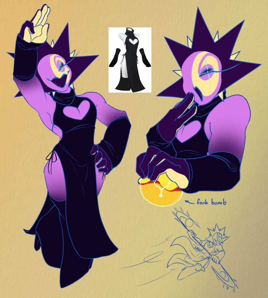 Drawings of Aster (Aldebaran fronting) wearing a revealing dress with a heart shape cut in the chest. One of the drawings shows him holding a sphere containing a fork bomb, the other him dashing with his scythe.