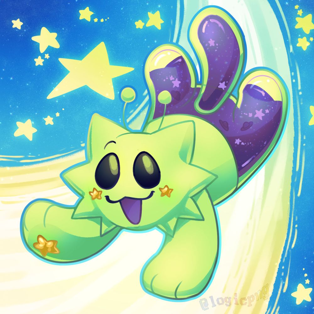 Digital drawing of a cutesy green alien cat with purple liquid in its legs and tail