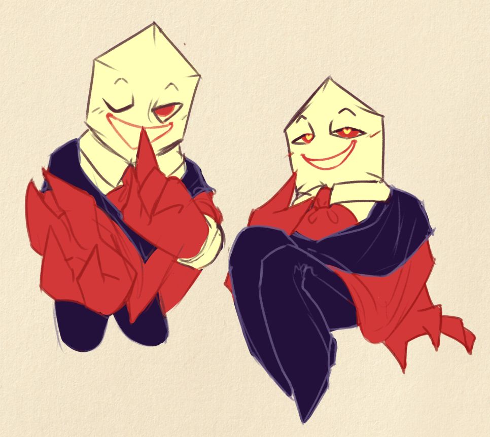 Doodles of a red Pippins reaching out to the viewer with a hushing gesture, and another sitting and looking at the viewer with hearts in its eyes