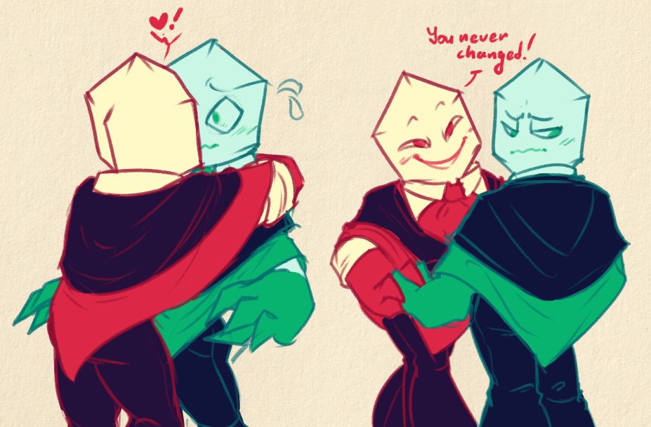 Digital doodles, fanart of Deltarune. A red Pippins is giving a kiss to a green one, who looks away sheepishly. The red one smiles softly at him, saying "You never changed!"