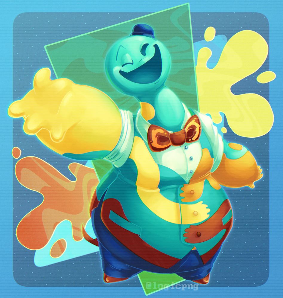 Digital illustration, fanart of Poppy Playtime 4. Doey is in formal wear: a waistcoat with a pattern resembling his own body, white shirt, blue pants, and a bowtie.