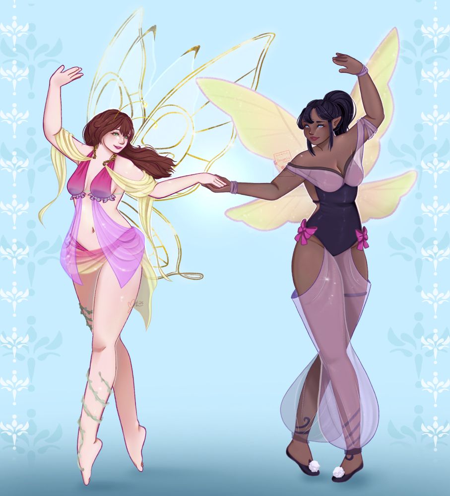 A commission for kumquat on vgen of their characters from the game string tyrant, dancing an a ballet style pose