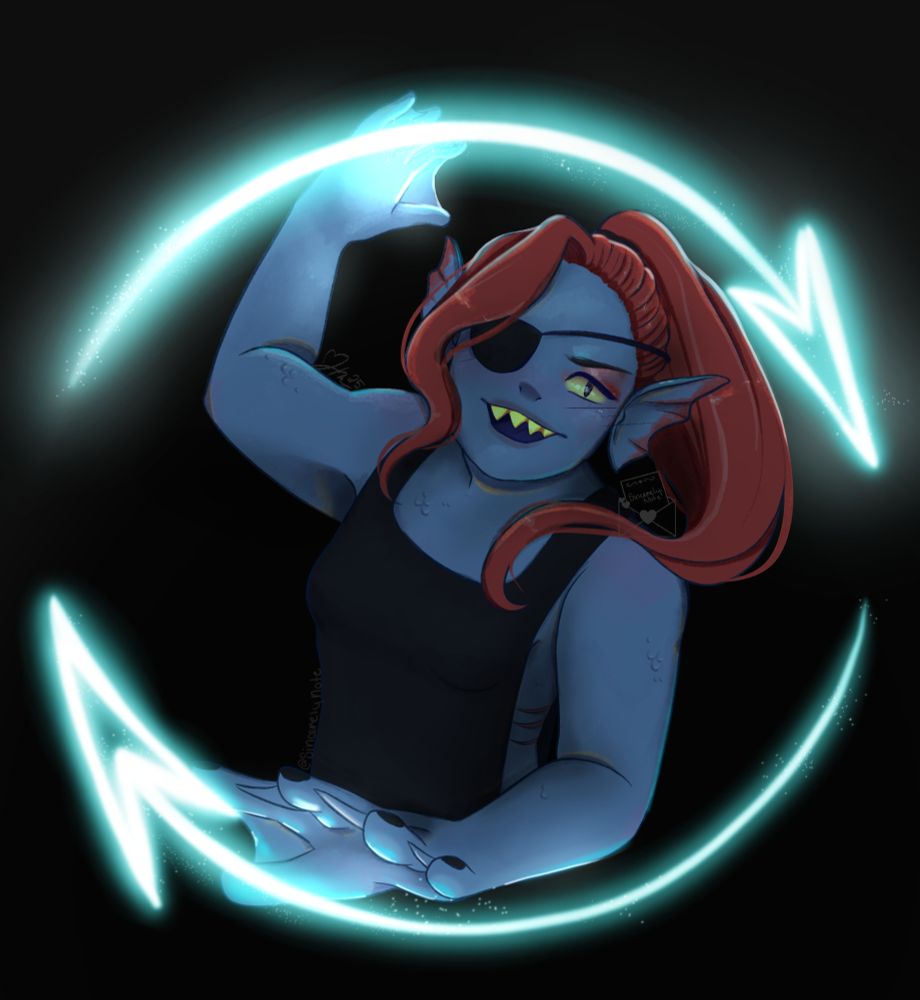 A drawing of Undyne from undertale, being illuminated by her glowing spears, the spears wrap around the front and back of her.