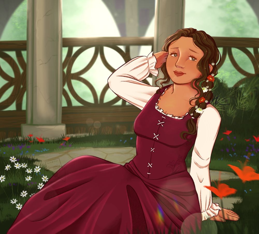 digital drawing of @obsessedwhyyes.bsky.social's character Elysia!
She's sitting in a grass patch surrounded by flowers. Elysia is wearing a red dress with white sleeves and white trim around the neck, she has her hair tied up in a braid with flowers decorating it.