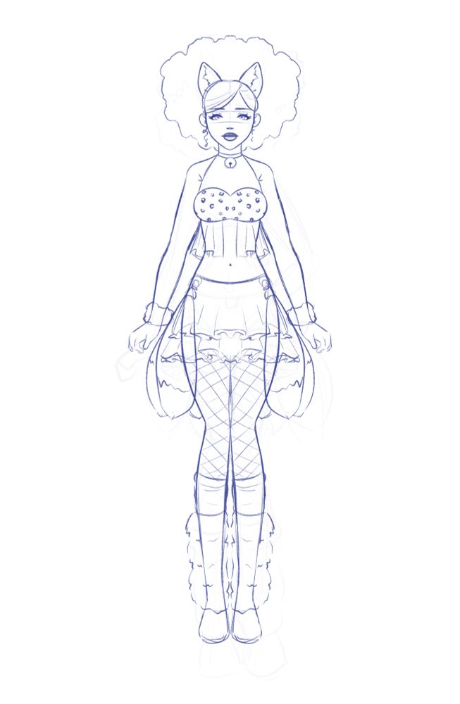 A sketch of my kitsune character inspired by gyaru fashion, she’s wearing a pleated skirt with her nine tails being represented by clip on tail accessories