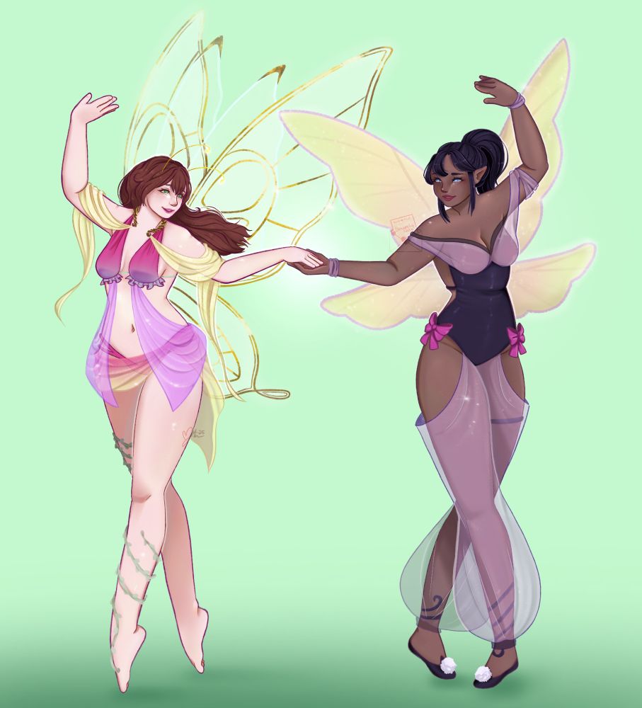 A commission for kumquat on vgen of their characters from the game string tyrant, dancing an a ballet style pose