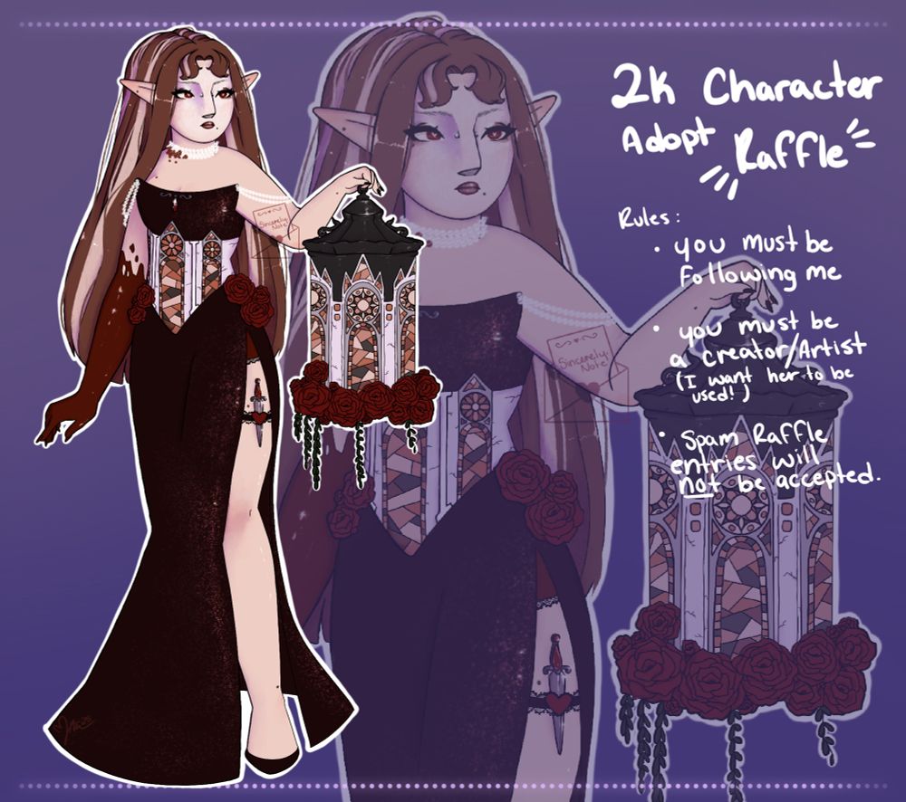 A character sheet of a vampire character with long brown hair with blonde streaks 