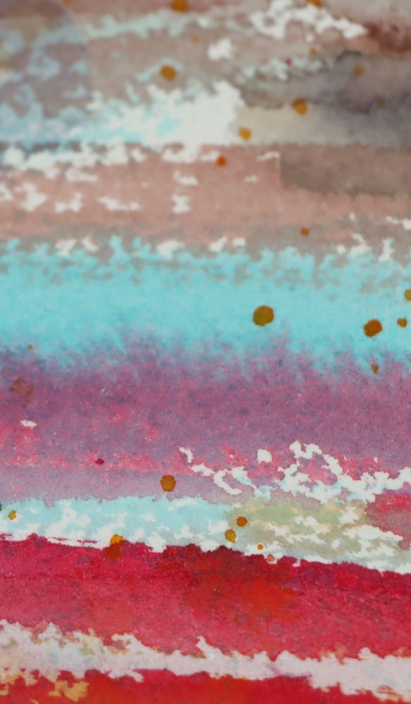 Broken watercolor brush strokes of brown, cyan, pink and crimson