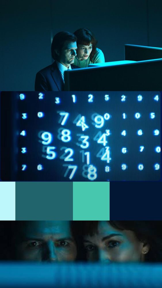 Photo collage from Severance. Two characters Mark and Helly illuminated by blue and eery green tones from a computer